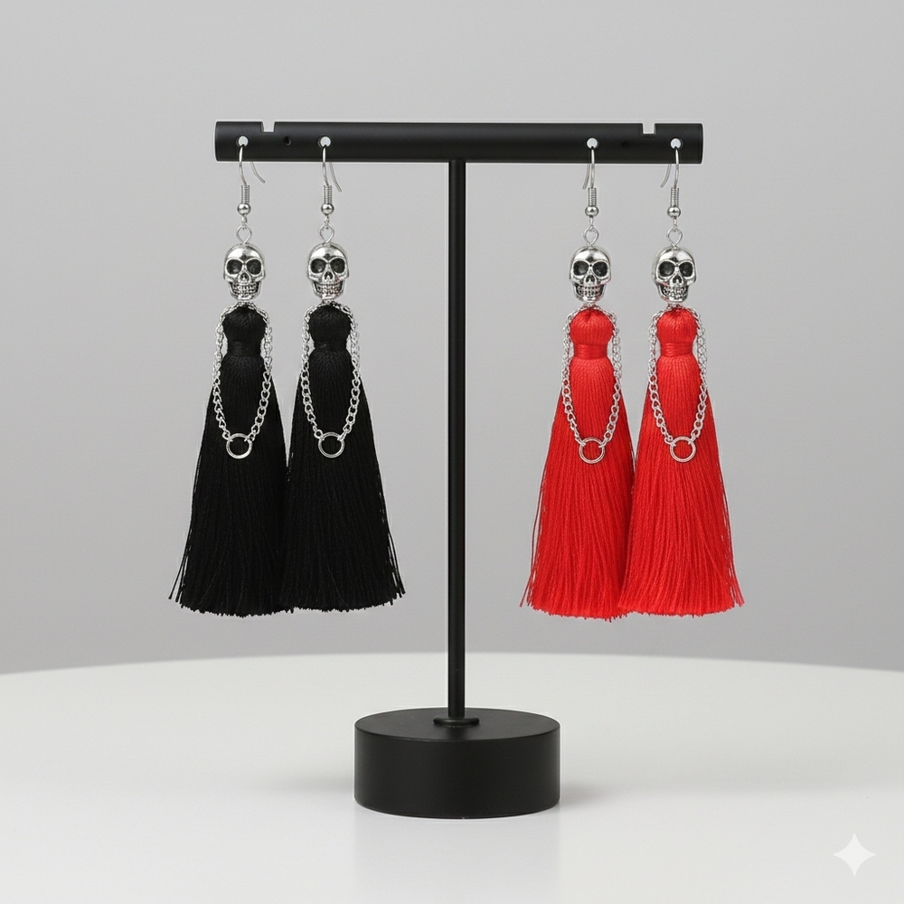 NEW Day of the Dead Skull Tassel Earrings - Black OR Red